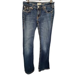LA Idol Mid Rise Boot Cut Denim Jeans With Jewels and Brown Threading